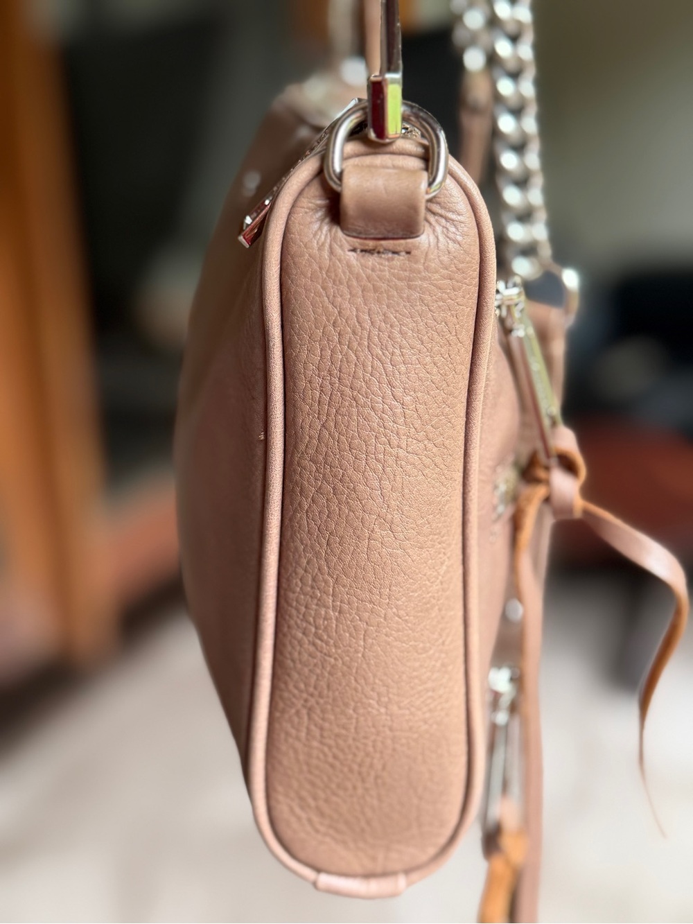 Rebecca Minkoff Shiny Mauve Pink Chain Crossbody Bag Studded Bottom Zipper - Picture 3 of 16